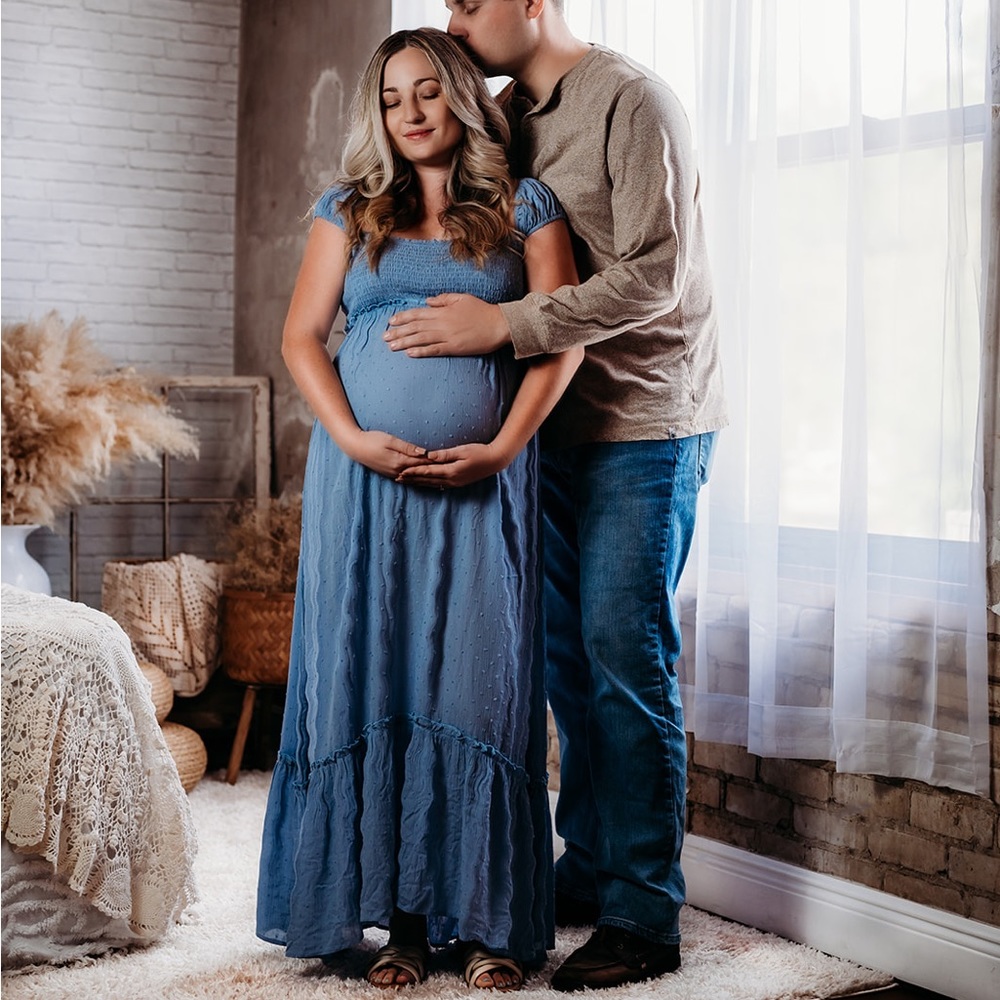Pinkblush Blue Dotted Smocked Square Neck Criss Cross Back Maternity Maxi Dress